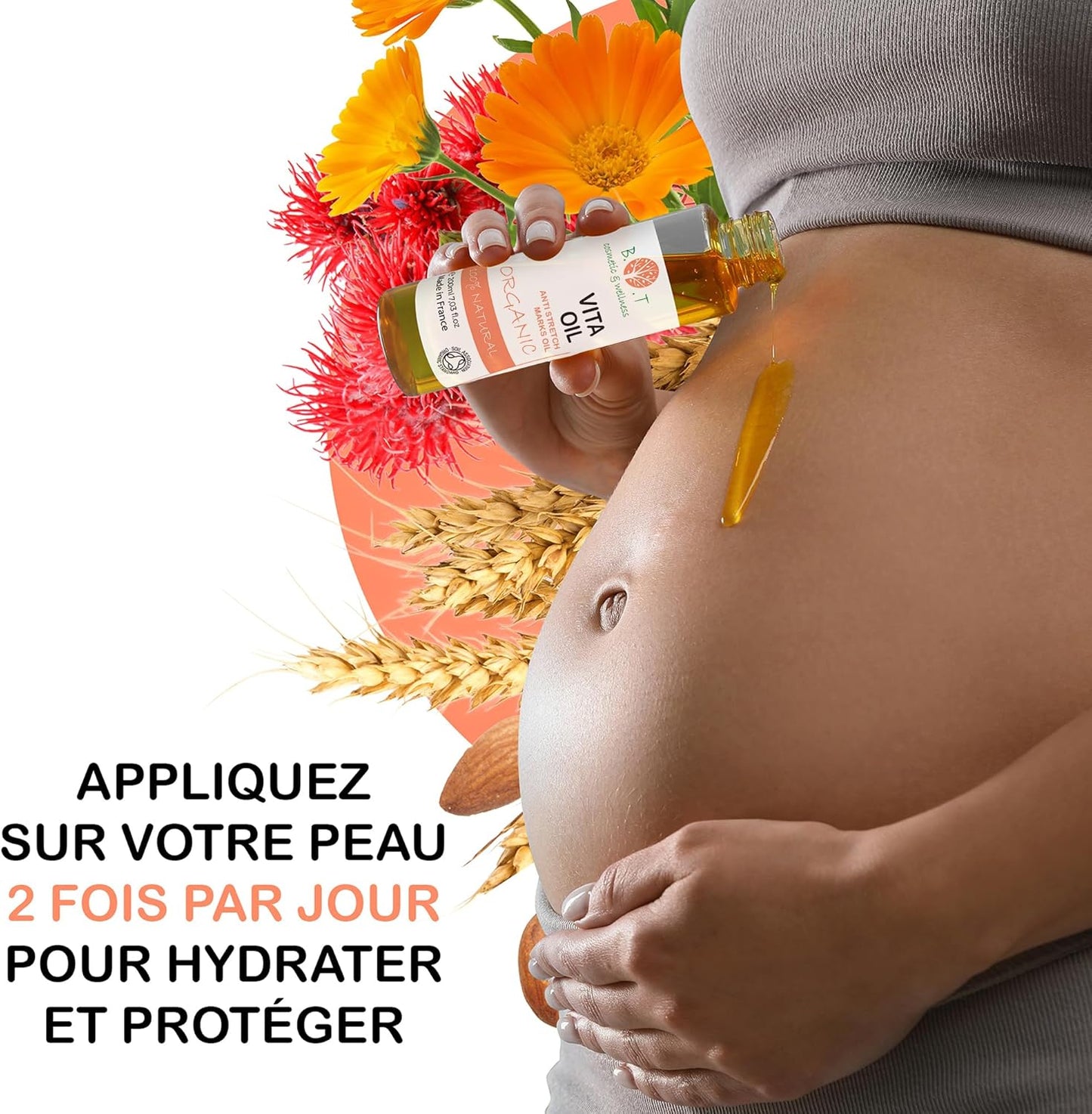 Vita Oil anti Vergetures : Vergetures De Grossesse, Huile Raffermissante Corporelle, Combat Le Relâchement Cutané À 87%, Améliore L'Apparence De La Peau (Amandes, Vitamines a & E) - 500 Ml