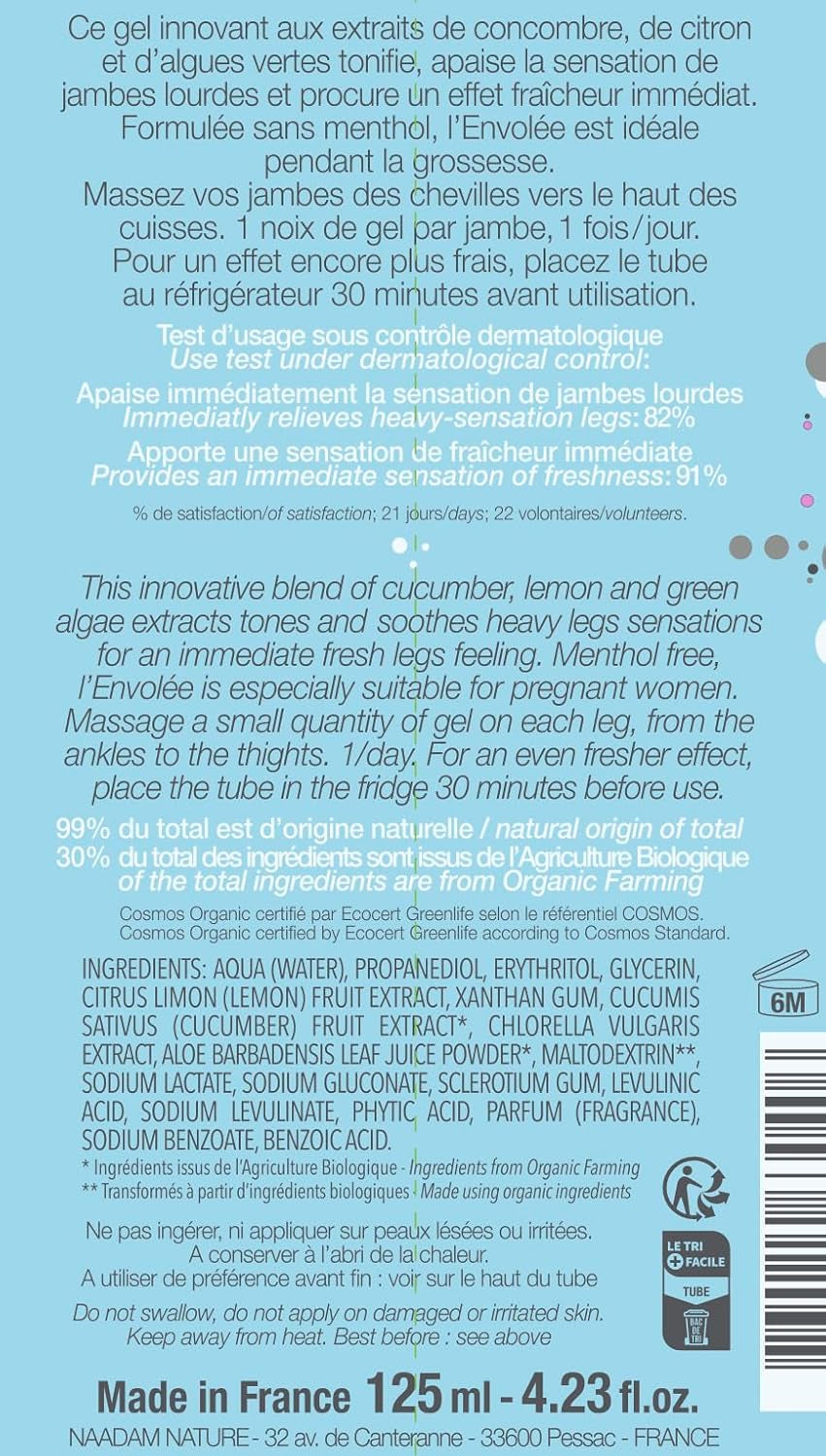 - L’Envolée - Gel Jambes Légères Sans Menthol - Action 2-En-1- Rafraichit, Défatigue Et Délasse - Compatible Grossesse Et Allaitement - 99,5% D'Ingrédients D'Origine Naturelle - Vegan - 125 Ml