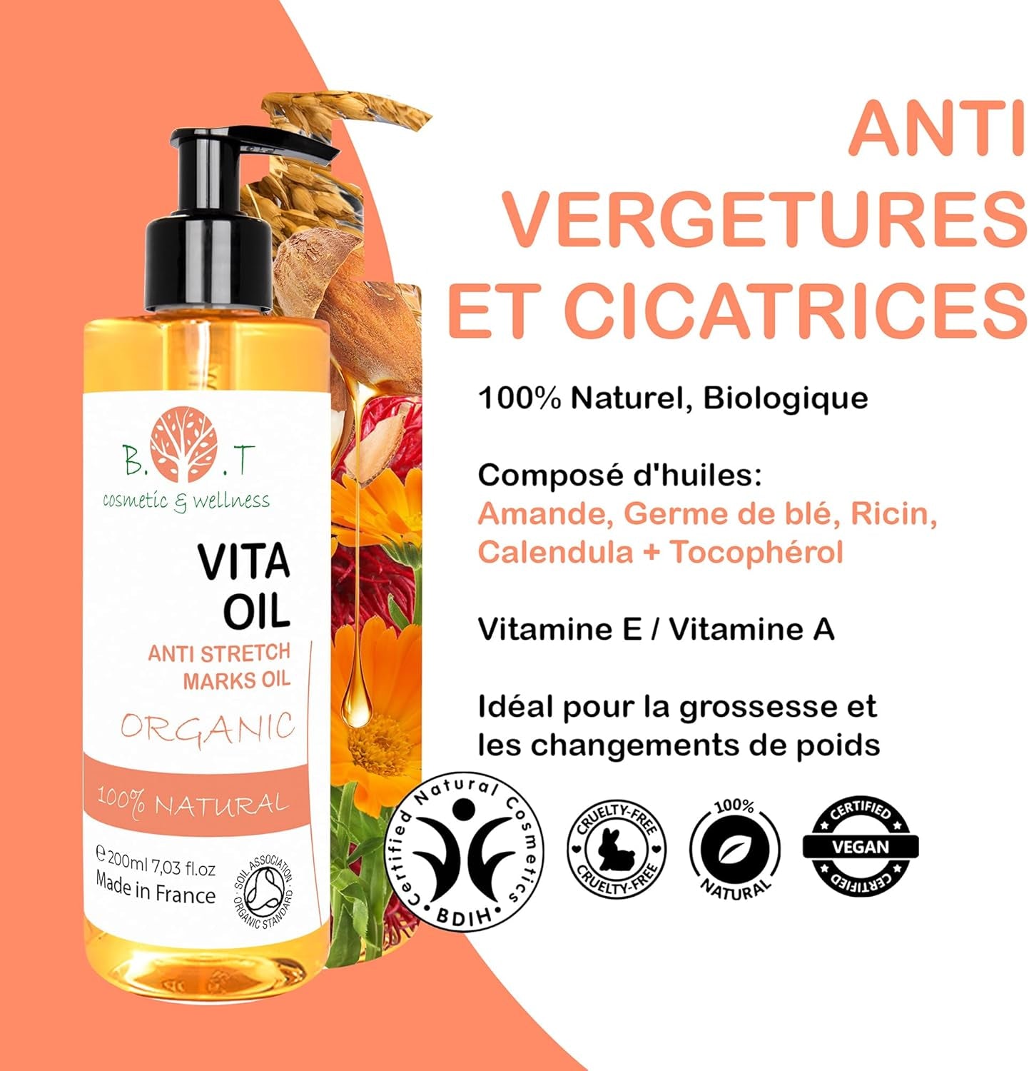Vita Oil anti Vergetures : Vergetures De Grossesse, Huile Raffermissante Corporelle, Combat Le Relâchement Cutané À 87%, Améliore L'Apparence De La Peau (Amandes, Vitamines a & E) - 500 Ml