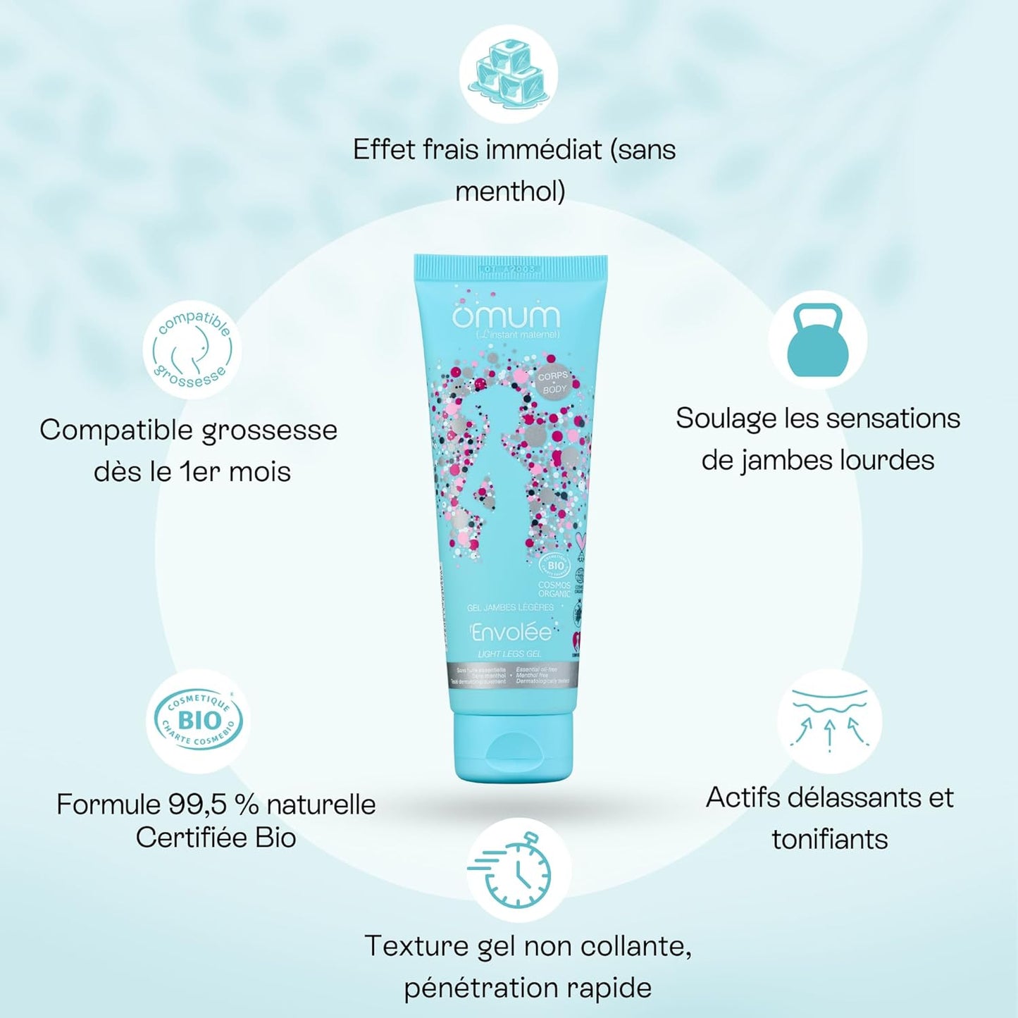 - L’Envolée - Gel Jambes Légères Sans Menthol - Action 2-En-1- Rafraichit, Défatigue Et Délasse - Compatible Grossesse Et Allaitement - 99,5% D'Ingrédients D'Origine Naturelle - Vegan - 125 Ml