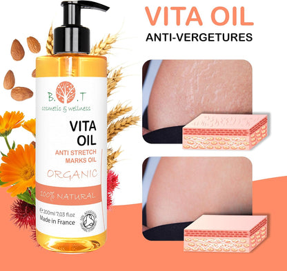 Vita Oil anti Vergetures : Vergetures De Grossesse, Huile Raffermissante Corporelle, Combat Le Relâchement Cutané À 87%, Améliore L'Apparence De La Peau (Amandes, Vitamines a & E) - 500 Ml