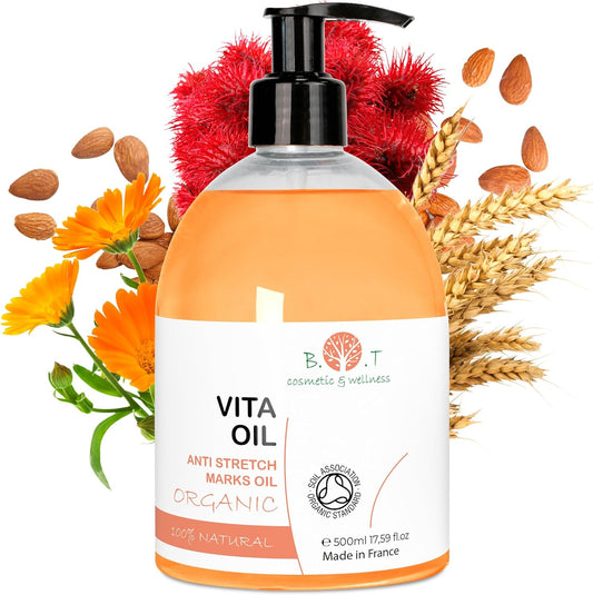 Vita Oil anti Vergetures : Vergetures De Grossesse, Huile Raffermissante Corporelle, Combat Le Relâchement Cutané À 87%, Améliore L'Apparence De La Peau (Amandes, Vitamines a & E) - 500 Ml