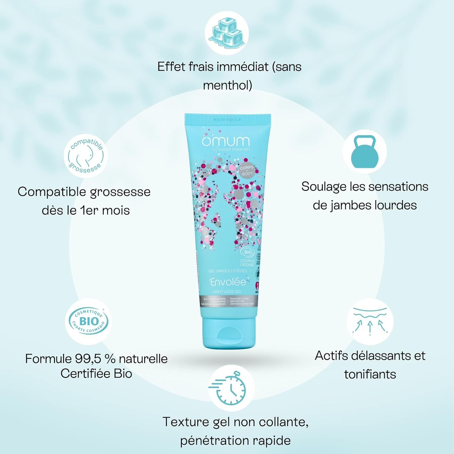 - L’Envolée - Gel Jambes Légères Sans Menthol - Action 2-En-1- Rafraichit, Défatigue Et Délasse - Compatible Grossesse Et Allaitement - 99,5% D'Ingrédients D'Origine Naturelle - Vegan - 125 Ml
