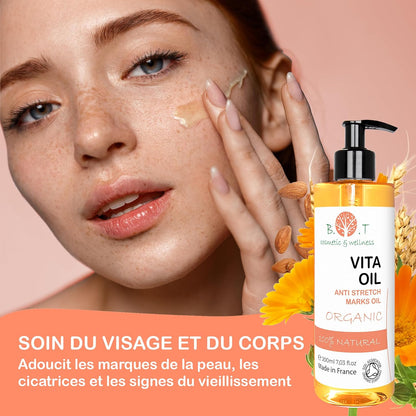 Vita Oil anti Vergetures : Vergetures De Grossesse, Huile Raffermissante Corporelle, Combat Le Relâchement Cutané À 87%, Améliore L'Apparence De La Peau (Amandes, Vitamines a & E) - 500 Ml